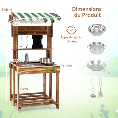 Cuisine DREAMADE Enfant en Bois Double Face avec Auvent Protecteur Évier Grill Tableau Noir Accessoires Complets