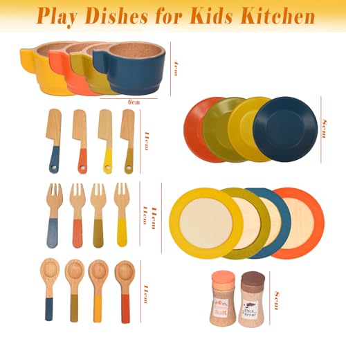 Coriver Ustensiles Cuisine Bois Enfant 26 Pièces | Cuisine Enfant en Bois 3+ Ans Garçons Filles - Jeu Rôle Assiettes Pla