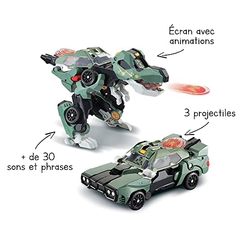 VTech - Jouet Dinos Lanceur Sonore 2 en 1 Voiture, Tirs de Projets & Transformable, Cadeau Enfant 4-8 Ans - Contenu en F