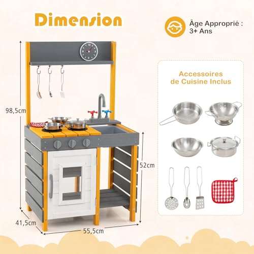 DREAMADE Cuisine en Bois Éducatif pour Enfants 3 ans et Plus avec Cuisinière et Évier