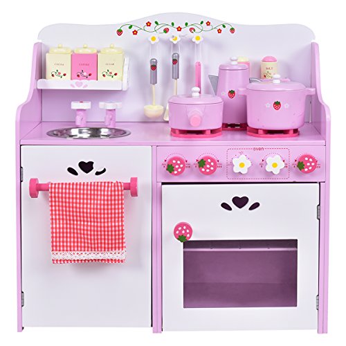 DREAMADE Cuisine Enfant en Bois Educatif, Jeu d'Imitation avec Poêle Pot Micro-Ondes 60x29.5x62cm Rose+Blanc