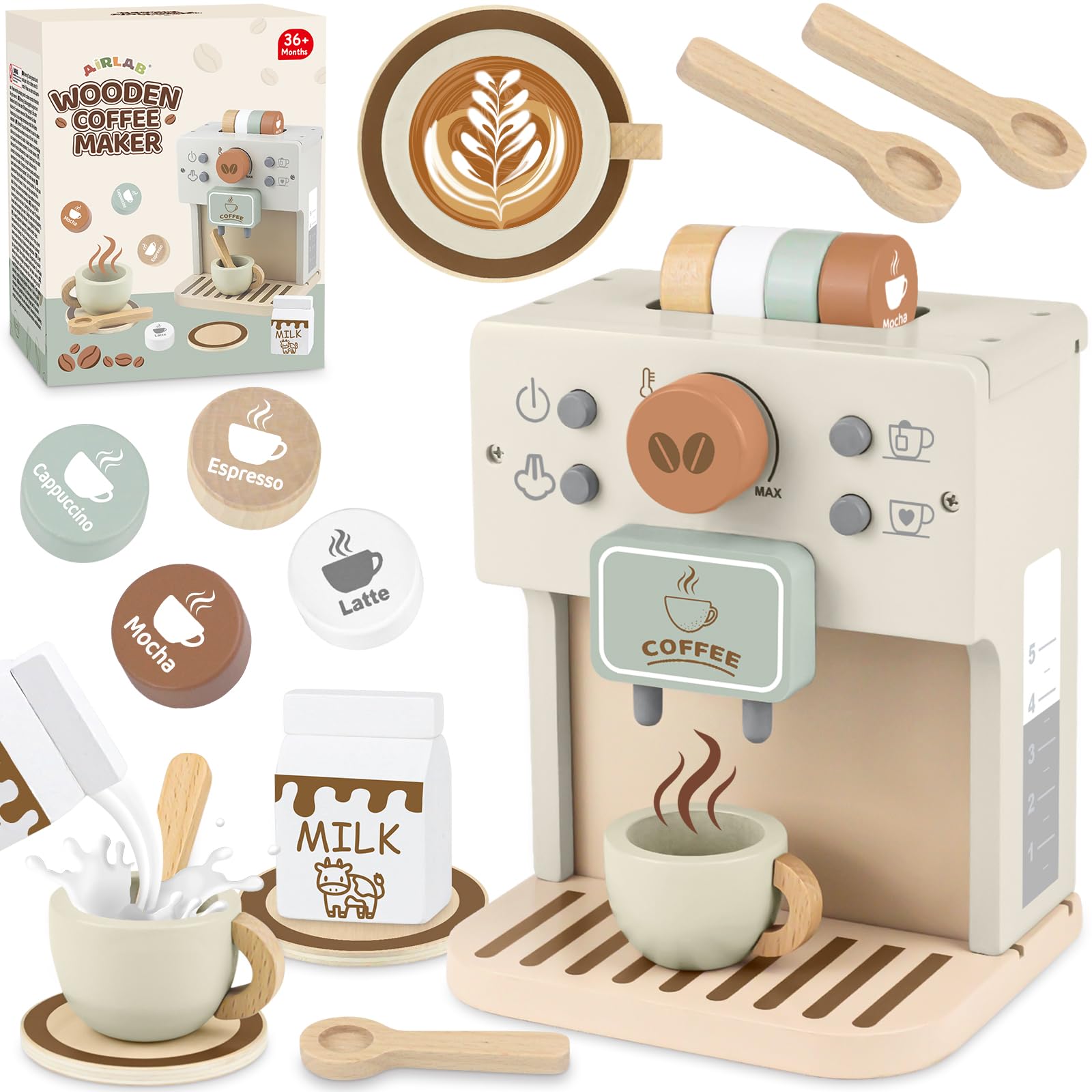 Airlab Cafetière en Bois Bébé Jouet Éveil Montessori Cadeau Créatif Anniversaire Pâques 3+ Ans