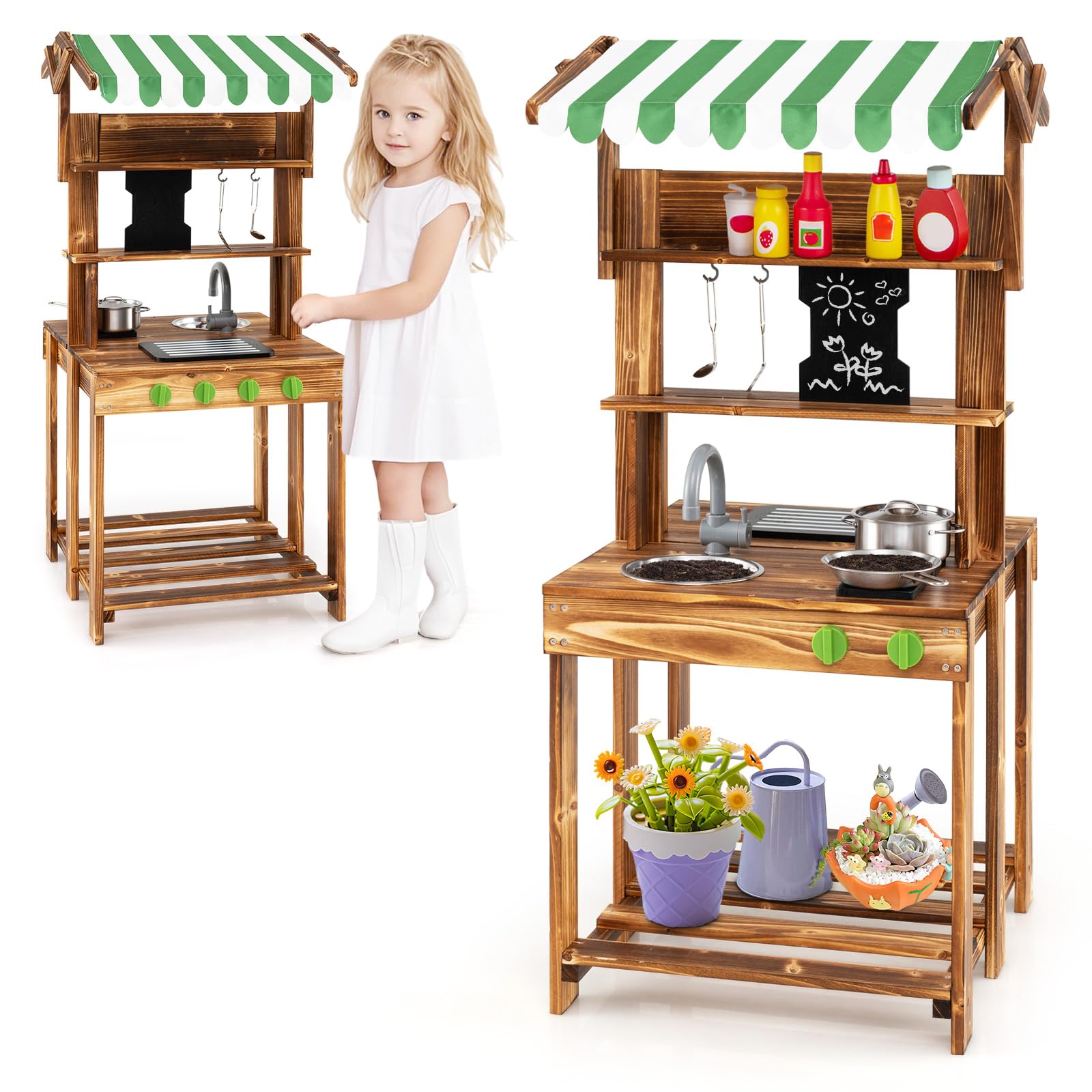Cuisine DREAMADE Enfant en Bois Double Face avec Auvent Protecteur Évier Grill Tableau Noir Accessoires Complets