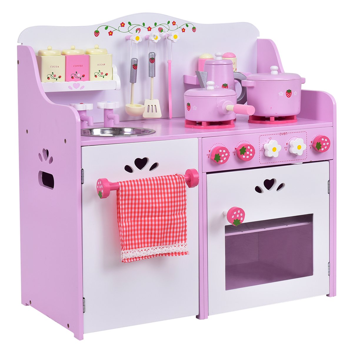 DREAMADE Cuisine Enfant en Bois Educatif, Jeu d'Imitation avec Poêle Pot Micro-Ondes 60x29.5x62cm Rose+Blanc
