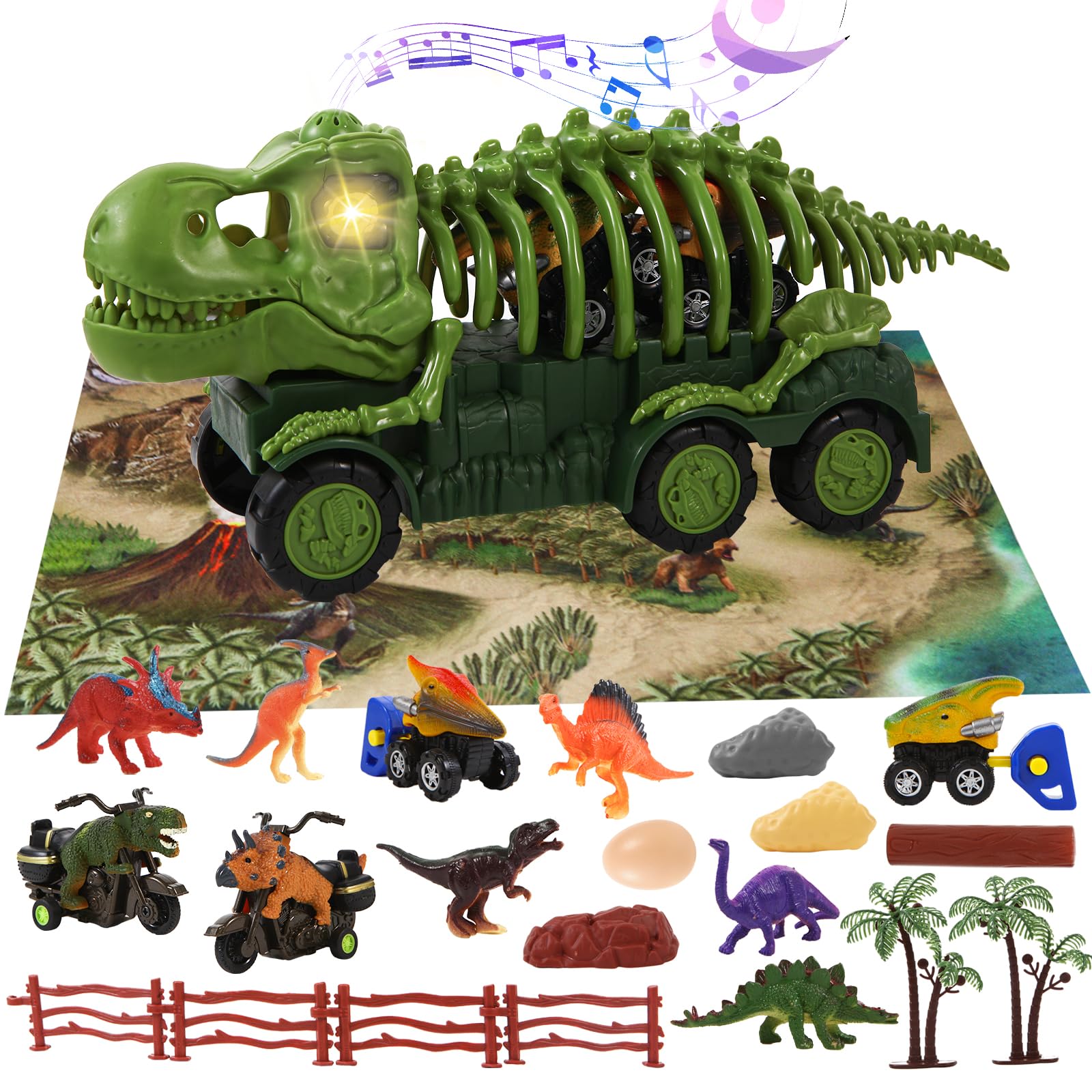 Jouet Camion Dinosaurier Interactif avec Sons, Lumières et Mat de Jeu Éducatif, 6 Figurines + 4 Voitures Mini, Jeu Dével
